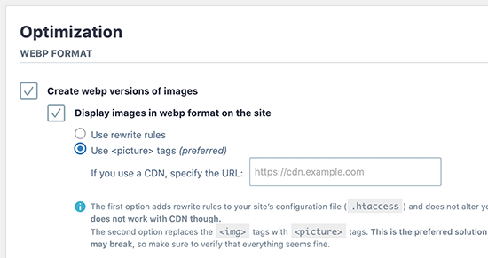 Imagify WebP Settings Imagify WebP Settings