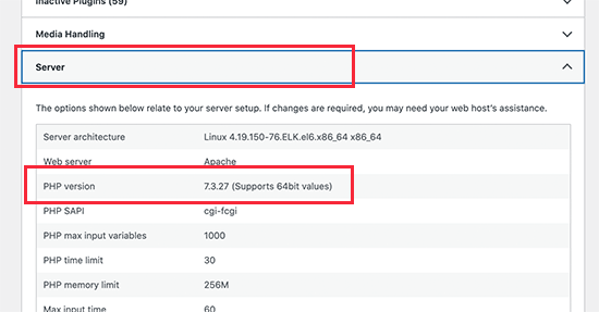 PHP version in WordPress site health