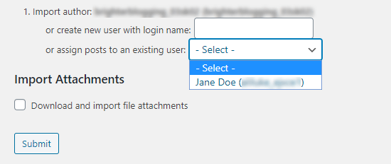 Selecting an author from the dropdown list to assign the pages to Selecting an author from the dropdown list to assign the pages to