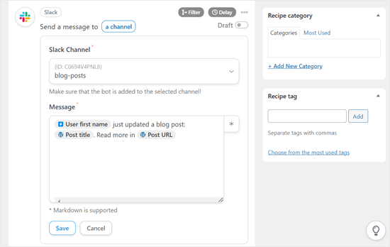 Setting up the Slack post for automatic WordPress notifications in Uncanny Automator Setting up the Slack post for automatic WordPress notifications in Uncanny Automator