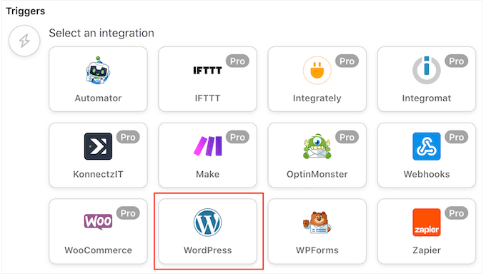 Choosing WordPress as the trigger for the WordPress automation workflow Choosing WordPress as the trigger for the WordPress automation workflow