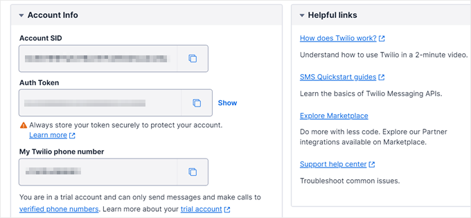 Twilio project info screen Twilio account info section