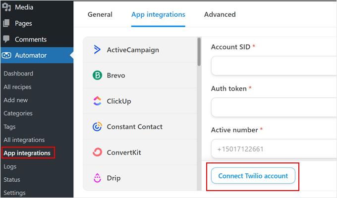 Connecting Twilio to Uncanny Automator Connecting Twilio to Uncanny Automator