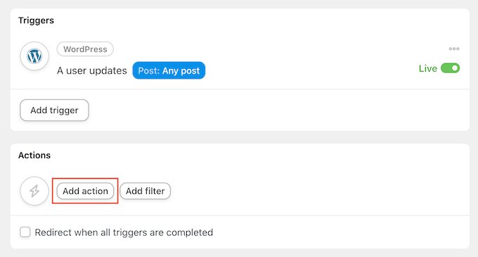 Adding actions to the WordPress automation flow Adding actions to the WordPress automation flow