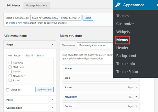 Editing your navigation menu in the WordPress dashboard Editing your navigation menu in the WordPress dashboard