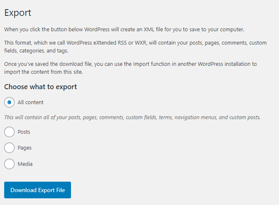 The built-in Export options in WordPress The built-in Export options in WordPress