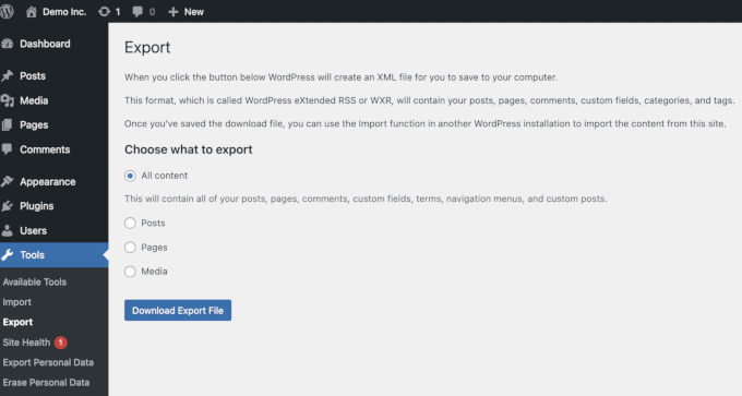 Data export options available by default in WordPress