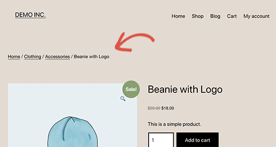 Breadcrumbs pe pagina produsului unui magazin WooCommerce
