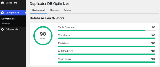Scor de sănătate a bazei de date de la DB Optimizer