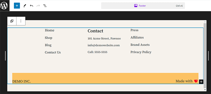 サイトエディターでのフッターの編集