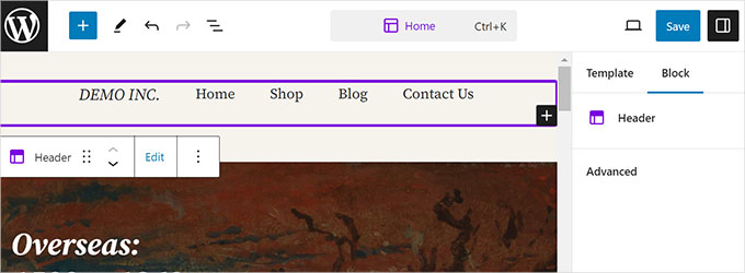 サイトエディターでヘッダーを編集