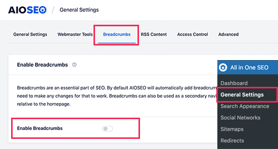 Activați afișarea firimiturilor în All in One SEO Activați afișarea firimiturilor în All in One SEO