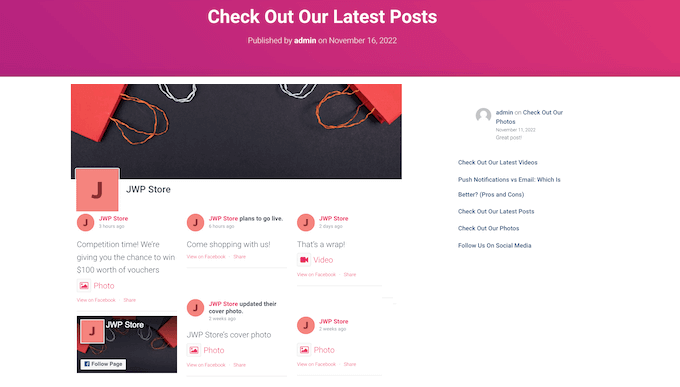 A Facebook post timeline, embedded on a WordPress website. A Facebook post timeline, embedded on a WordPress website.