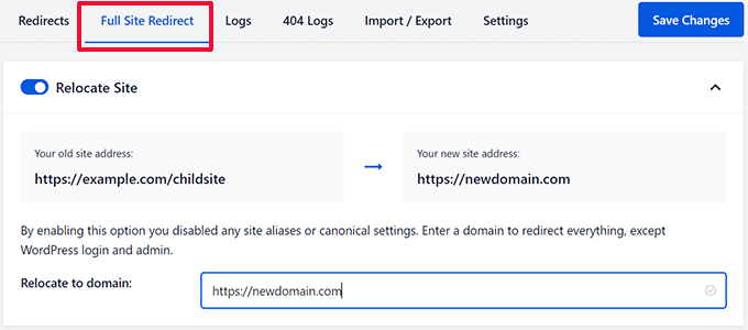 Redirect settings Redirect settings