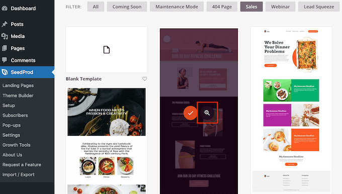 Previewing a landing page template Previewing a landing page template
