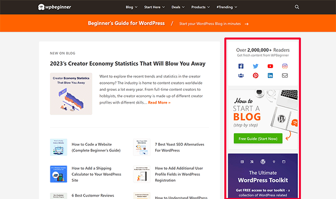 WordPress ウェブサイト レイアウトのサイドバーの例