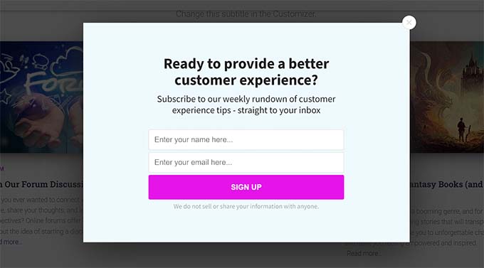 Vista previa del pop-up de boletín informativo de ActiveCampaign