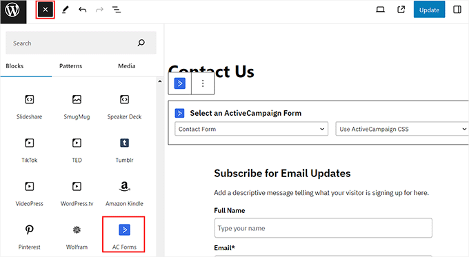 Agrega el bloque de formularios de AC a la página