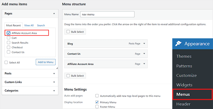 Add affiliate account area page in navigation menu Add affiliate account area page in navigation menu