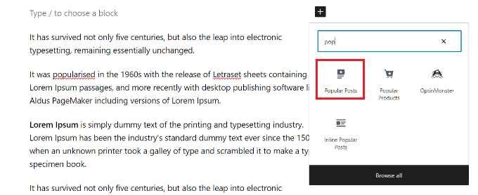 Select MonsterInsights popular posts block Add popular post block