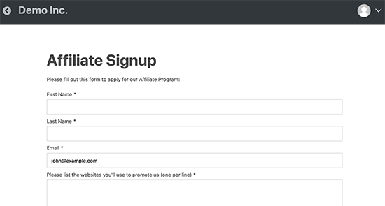 Affiliate-registreringssida