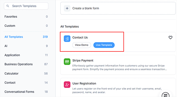 Elige una plantilla predeterminada en Formidable Forms