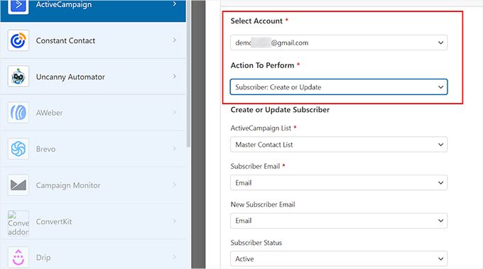 Elegir una acción para ActiveCampaign