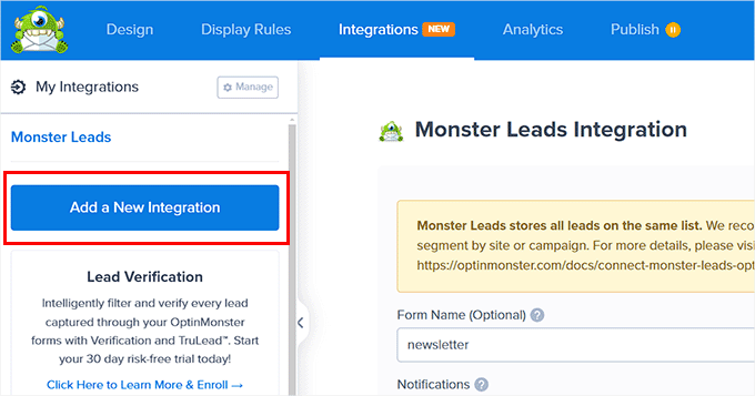 Haz clic en Agregar un Nuevo botón de integración