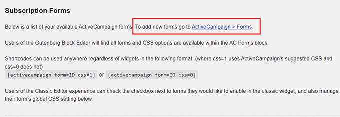 Haz clic en el enlace ActiveCampaign > Formularios