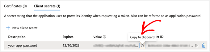 Copy the application password under the Value column Copy the application password under the Value column