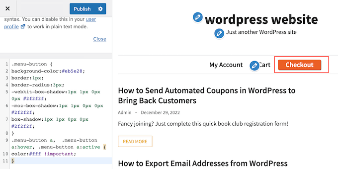 An example of a custom button in a WordPress header and menu An example of a custom button in a WordPress header and menu