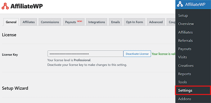 Enter the AffiliateWP license key Enter the AffiliateWP license key