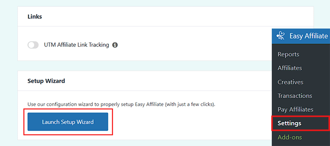 Launch setup wizard in Easy Affiliate Launch setup wizard in Easy Affiliate