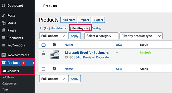 Pending products in the WooCommerce dashboard