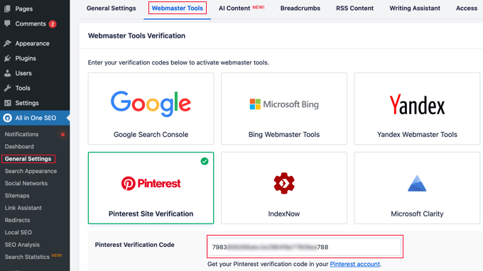 Add Pinterest HTML Tag in AIOSEO