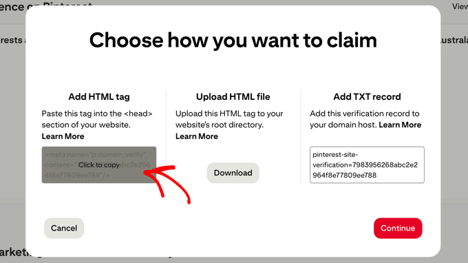Click to Copy the HTML Tag in Pinterest
