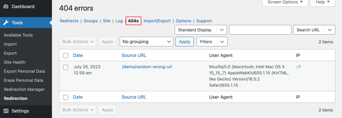 404 Logs in Redirection plugin 404 Logs in Redirection plugin