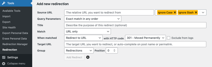 More options for add new redirection More options for add new redirection