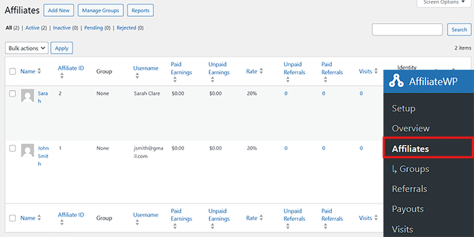 View affiliates in AffiliateWP View affiliates in AffiliateWP