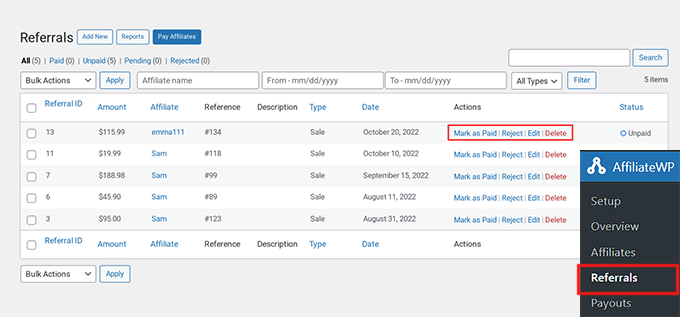 View the referrals page in AffiliateWP View the referrals page in AffiliateWP