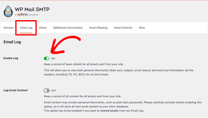 Turn on email logs Turn on email logs