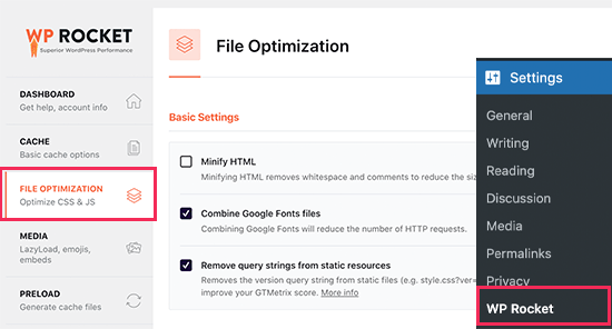 File optimization in WP Rocket File optimization in WP Rocket