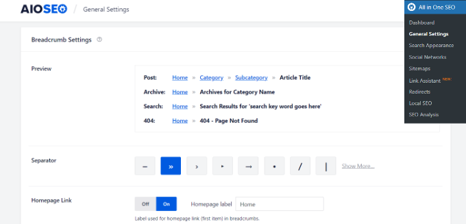 Breadcrumb settings AIOSEO breadcrumbs settings