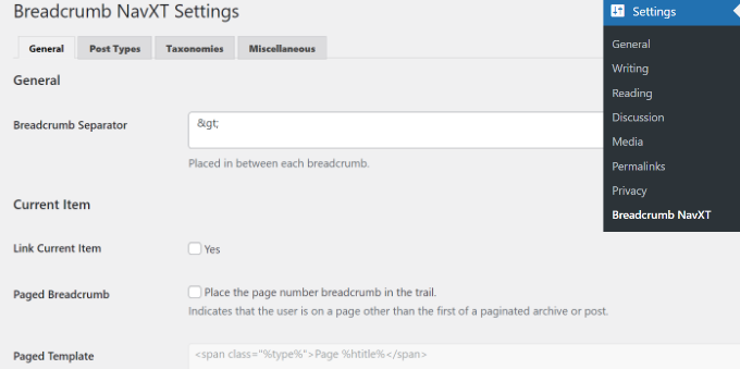 Settings page for Breadcrumb NavXT plugin Breadcrumbs NavXT settings