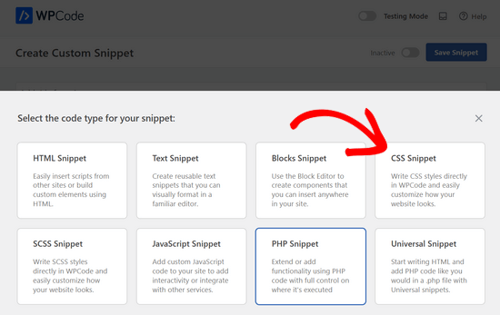 Choose CSS Snippet as the code type in WPCode Choose CSS Snippet as the code type in WPCode