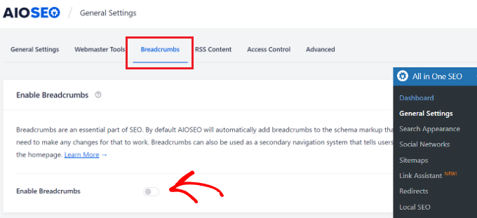 Enable breadcrumbs display in All in One SEO Enable breadcrumbs in AIOSEO