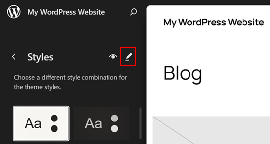 Opening the full-site editor to edit the theme's Styles Opening the full-site editor to edit the theme's Styles