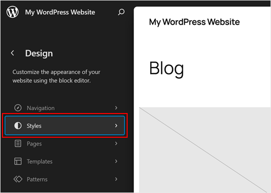 Opening the Styles menu in full-site editor Opening the Styles menu in full-site editor