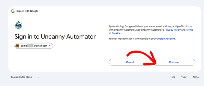 Erteilen Sie Google die Erlaubnis, Ihre Informationen mit Uncanny Automator zu teilen