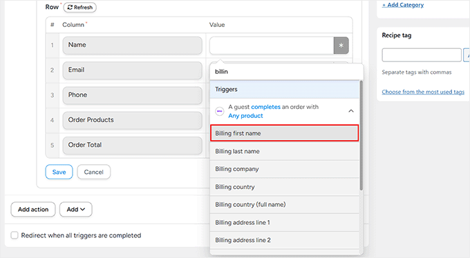 Ordnen Sie jede Spalte zu
